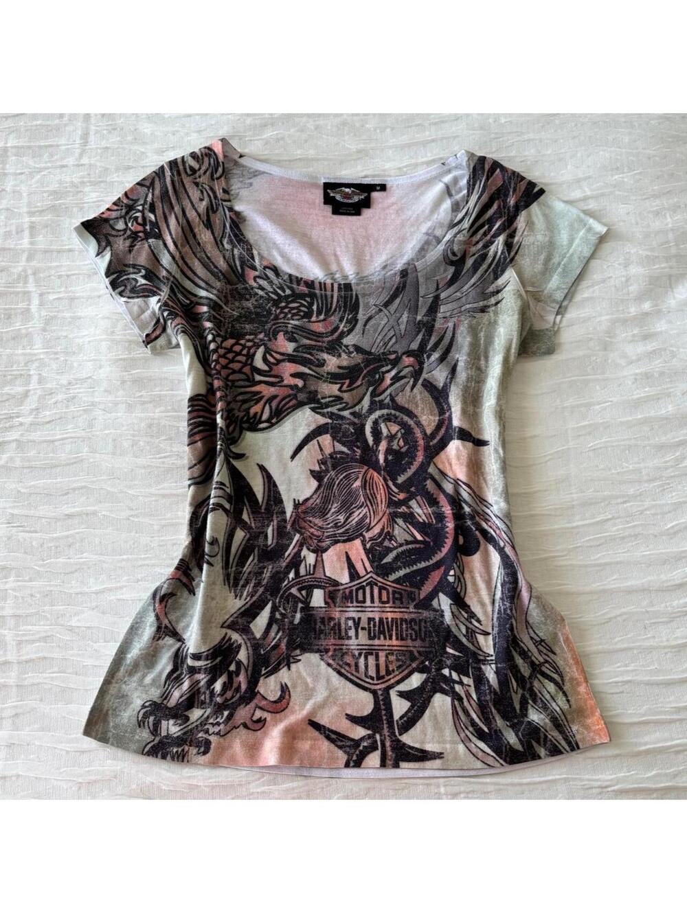 Harley Davidson Women's Burgundy and Cream Tshirt